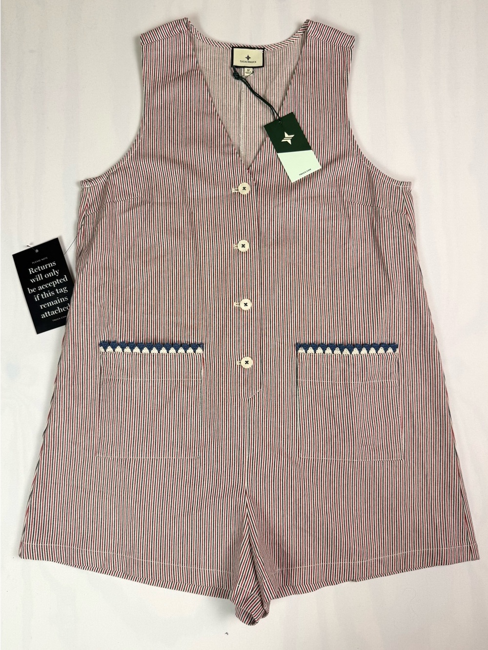 Tuckernuck NWT Myla Romper Medium Red Blue Stripe Sleeveless Button Front